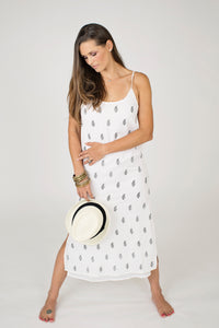 White Maya cotton slip dress, fully lined, midi-length, block printed black motif