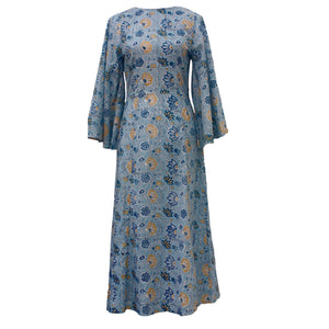 Butterfly Sleeves, Midi Dress, Block Printed Cotton Sundress in Sky Blue