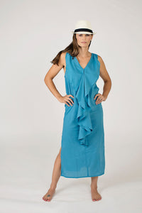 Blue cotton midi-length sundress, racer back, lightweight, resort wear